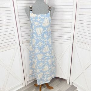 Vintage Match Floral Toile Print Linen Overall‎ Jumper Midi Dress Blue Medium